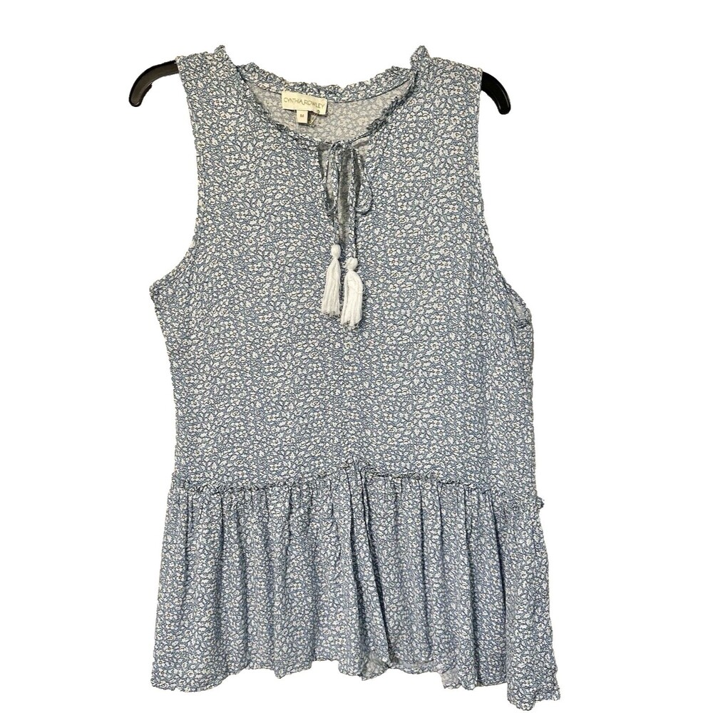 Cynthia Rowley Womens Blue Floral Crew Neck Sleeveless Blouse Top Size Medium